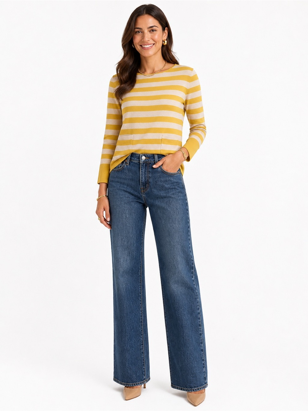 LOFT Yellow and Cream Striped Crewneck Sweater
